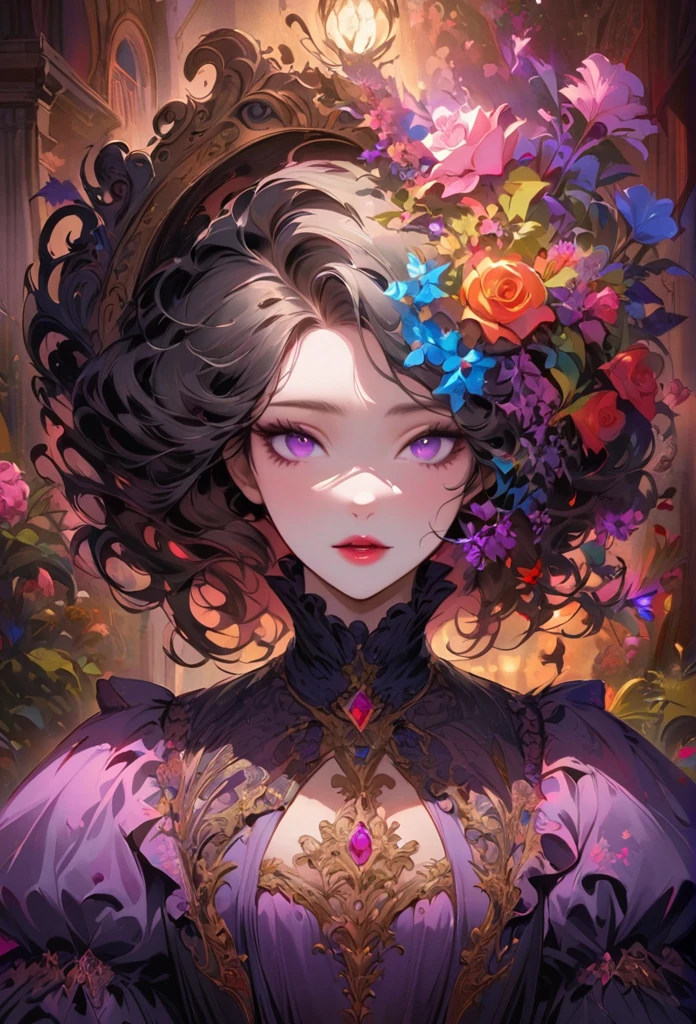 anime,beautiful detailed eyes,beautiful detailed lips,extremely detailed eyes and face,longeyelashes,colorful,vivid colors,portrait,landscape,horror,studio lighting,sharp focus,physically-based rendering,extreme detail description,professional,bokeh,HDR,UHD,ultra-fine painting,concept artists,gothic,Victorian-style bedroom,beautiful witch,dark atmosphere,vibrant colors,soft lighting,enchanted plants,flowing lavender,anime-style characters,mysterious shadows,exquisite details,vintage furniture,luxurious textures,eye-catching composition,romantic mood,rose,kissmark