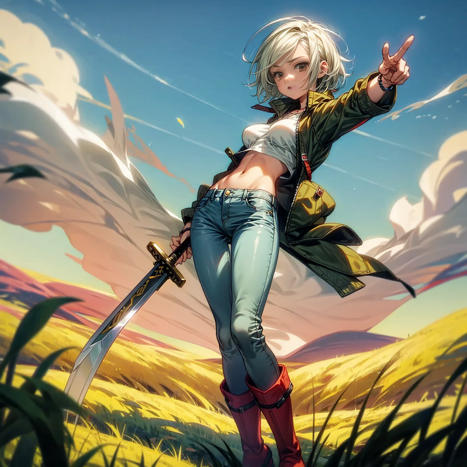 Solo character, full body version, girl, white half green color hair, black eyes, short hairstyle, Jacket crop top, long jeans, bracelet, red boots, sky blue, field, standing battle gesture, sword in hand, Big breasts 