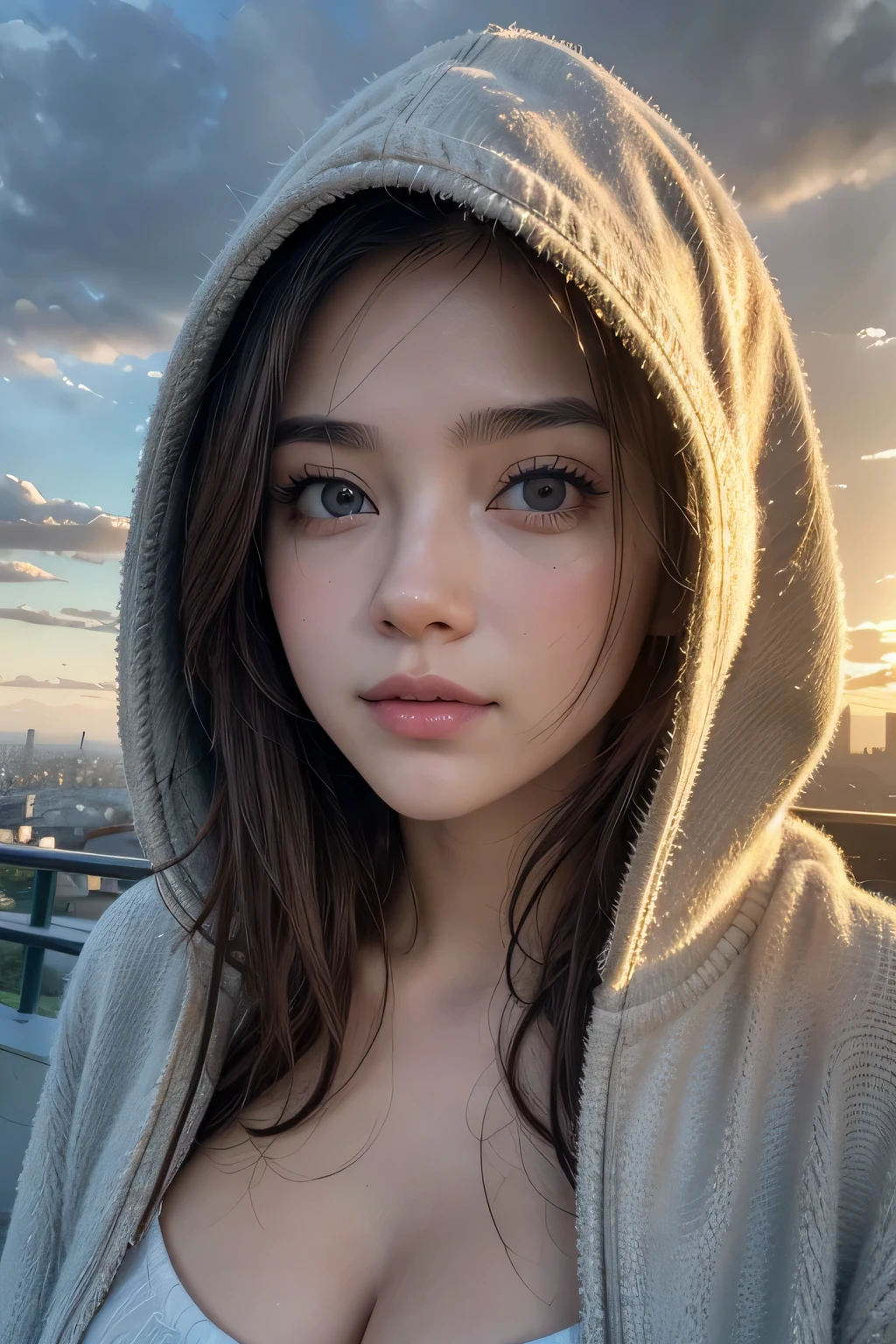 (photorrealistic, 8k, hyperdetailed, highest quallity, CRU), fashion shooting, portraite, close up, 1 girl, bonitas, cute face, mais bonitas do mundo, detailedeyes, long dark hair, large and drooping breasts, wearing gray hood, sports well:1.2, details Intricate, San Francisco Background, sun-kissed, bright sunny, SFW:1.5, bokeh, golden hour time, sunset, beautiful clouds,