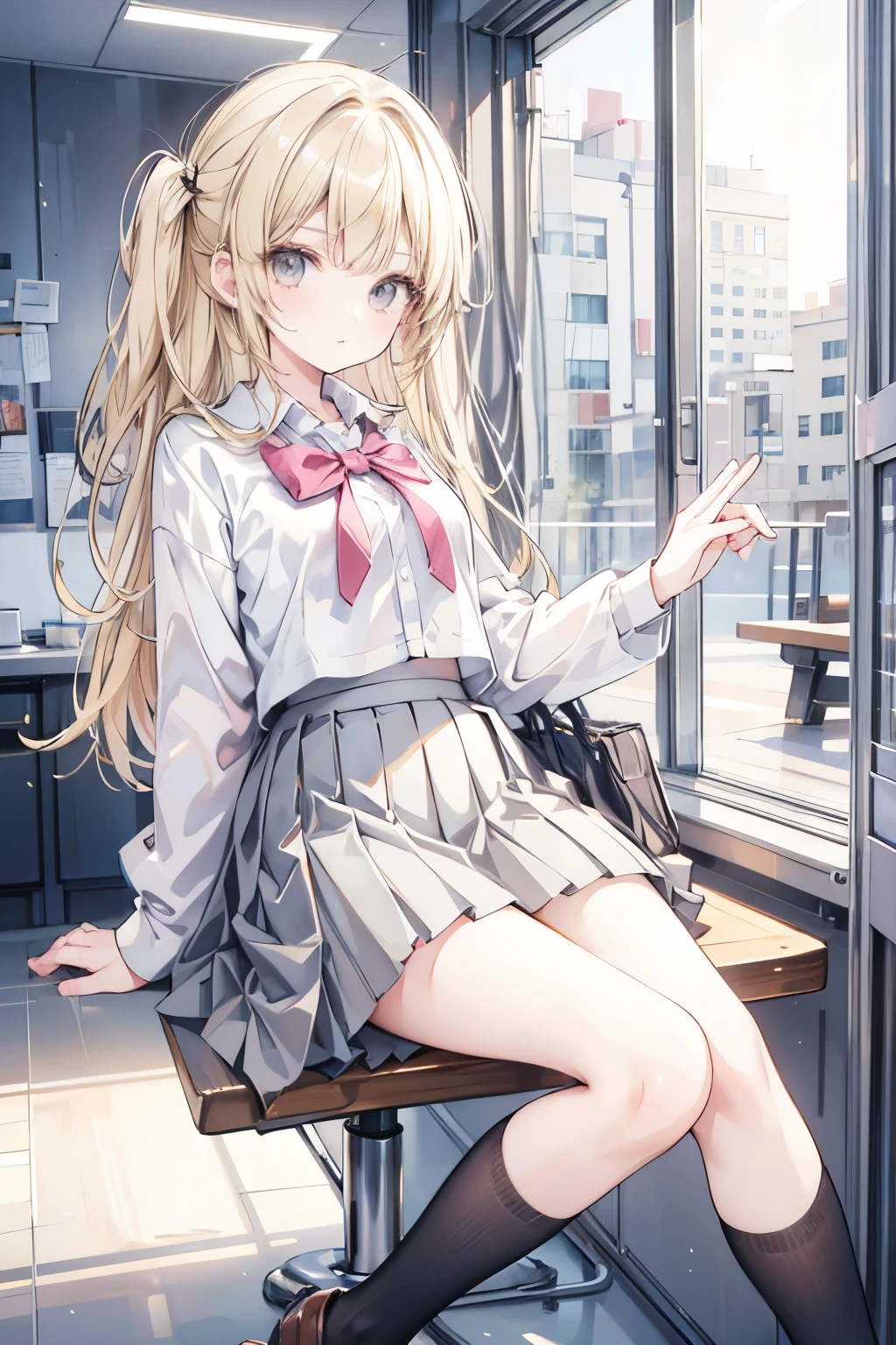 girl　whole body　１６age　Uniform Pleated Skirt　Blonde　Gray Eyes
