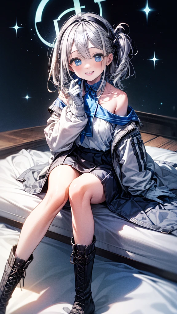 "(Highest quality,High resolution:1.2), Cute Smile, Unusual Point of View, White sweater, Medium Shot, Color decomposition color, shoulder, blush, (Gray Hair), White gloves, White boots, Blue Iris"，star空の背景，star