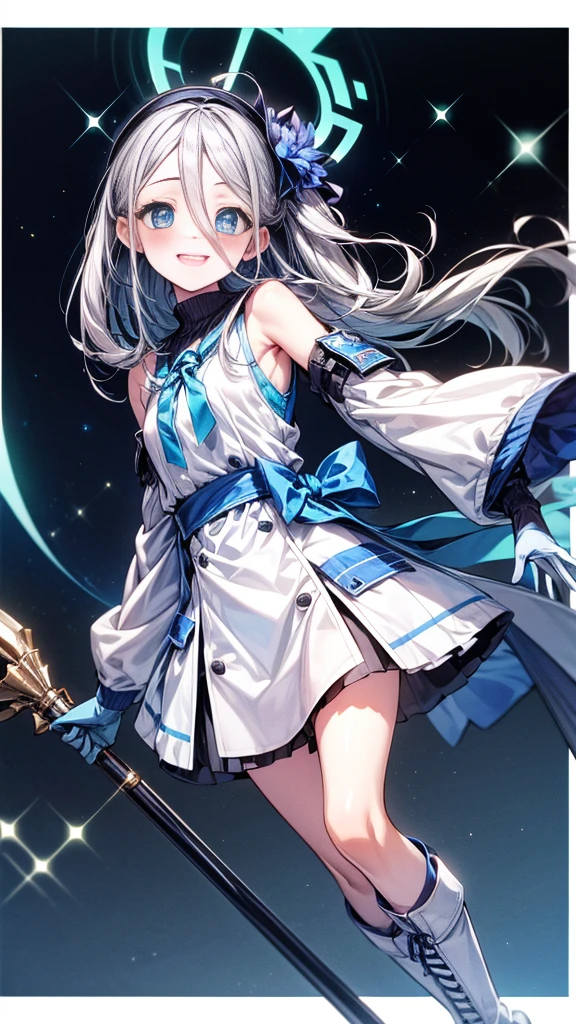 "(Highest quality,High resolution:1.2), Cute Smile, Unusual Point of View, White sweater, Medium Shot, Color decomposition color, shoulder, blush, (Gray Hair), White gloves, White boots, Blue Iris",star空の背景,star