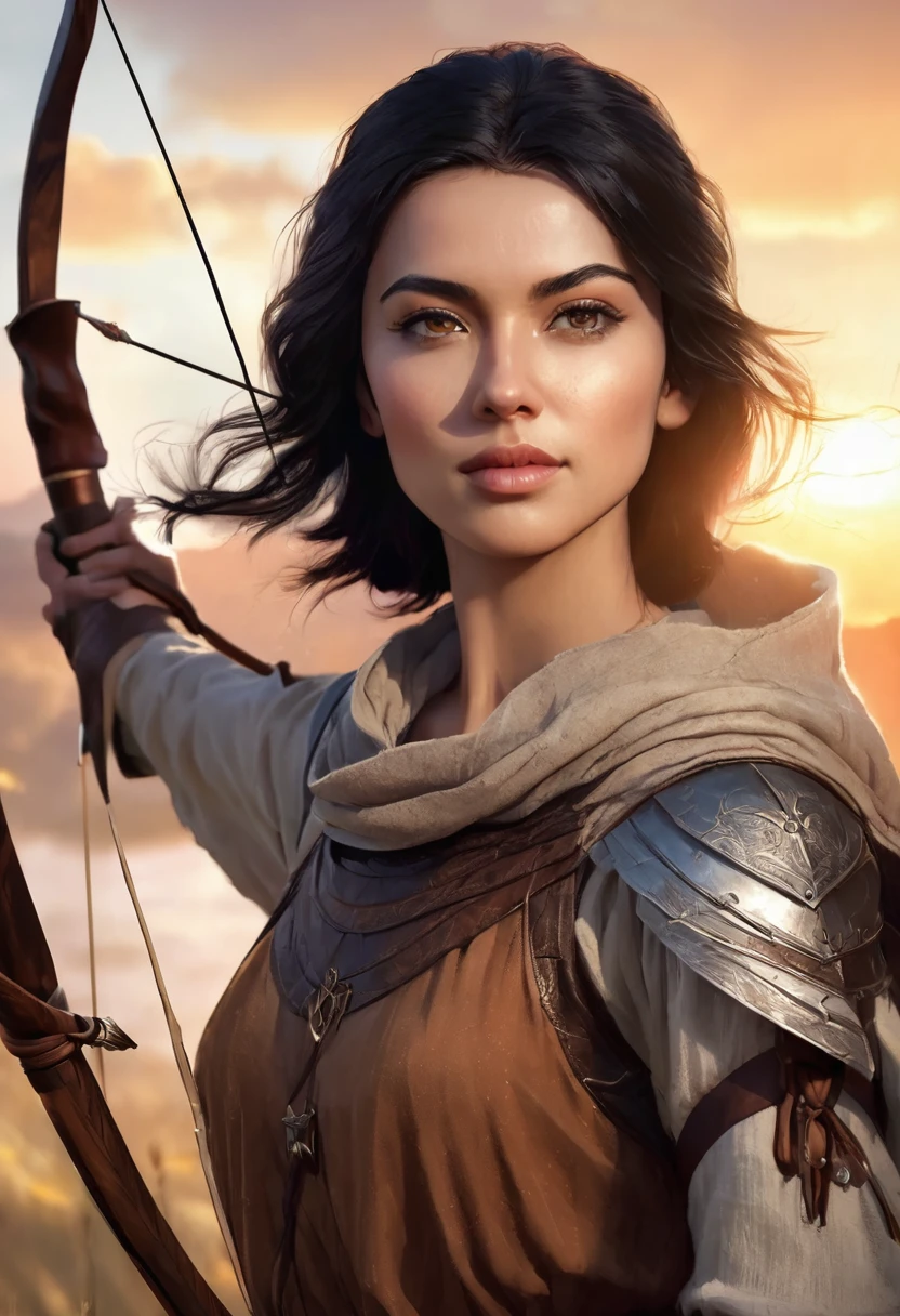 1 woman, with a sunrise skyscape in the background, wearing a simple medieval archer's outfit, detailed facial features, dark female eyes with single eyelids, slanted eyes, detailed light brown skin, very straight short black hair, dramatic lighting, cinematic composition, warm palette, sunlight, warm colored features, soft atmospheric haze, thin chin, soft face, beautiful woman (best quality, 4K, 8K, high-res, art: 1.2), ultra detailed (realistic, photorealistic, photorealistic: 1.37)