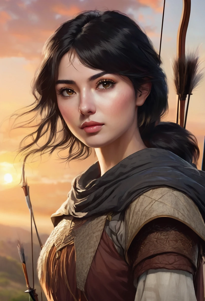 1 woman, with a landscape of the dawning sky in the background, wearing a simple medieval archer's outfit, detailed facial features, dark eyes with feminine monolid eyes, tanned skin, very straight short black hair, dramatic lighting, cinematic composition, warm palette, sunlight, warm colors, features, soft atmospheric haze, thin chin, soft face, beautiful woman (best quality, 4K, 8K, high resolution, art: 1.2), ultra detailed (realistic, photorealistic, photorealistic: 1.37)