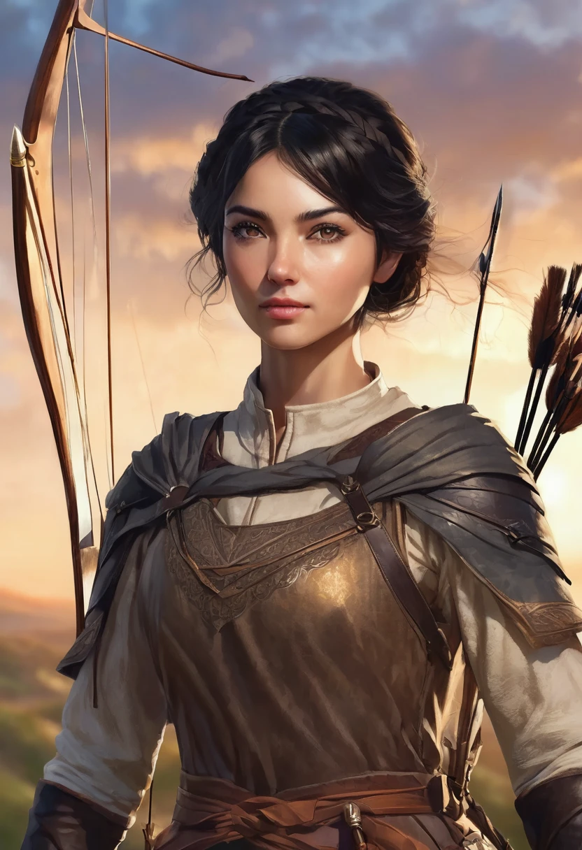 1 woman, with a sunrise skyscape in the background, wearing a simple medieval archer's outfit, detailed facial features, dark female eyes with single eyelids, slanted eyes, detailed light brown skin, very straight short black hair, dramatic lighting, cinematic composition, warm palette, sunlight, warm colored features, soft atmospheric haze, thin chin, soft face, beautiful woman (best quality, 4K, 8K, high-res, art: 1.2), ultra detailed (realistic, photorealistic, photorealistic: 1.37)