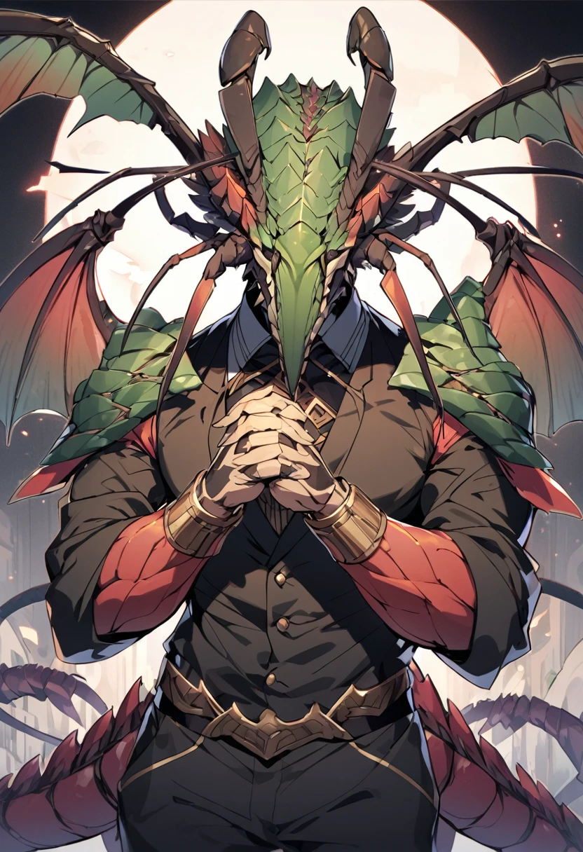 A mysterious man resembling a dragon mantis，whole body，Fists clasped in front of chest，