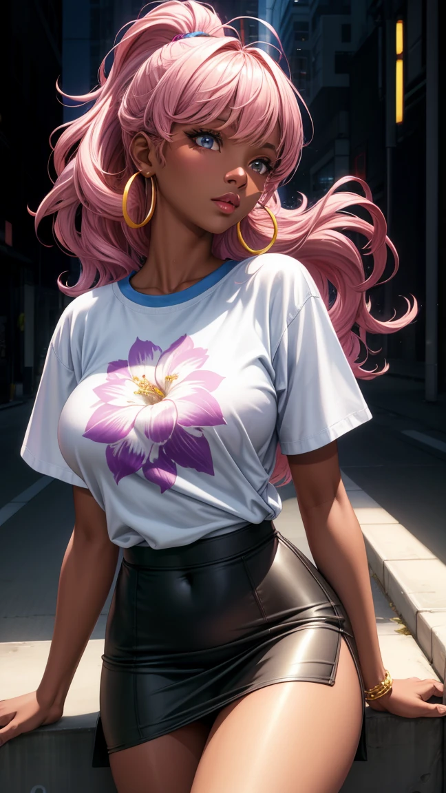 (best quality:1.5, highres, UHD, 4K, detailed lighting, shaders), white curly floral haired, gradient hair, large breasts, suit, T-shirt, social shirt, short skirt, mature woman , (pov), white background, colorful eyeshadow, dramatic lighting, sparkling eyes, sensual expression, golden earrings, flowing hair, delicate facial features, dark skin, high cheekbones, urban setting, black background, dont look for the camera, lean forward, behind the camera