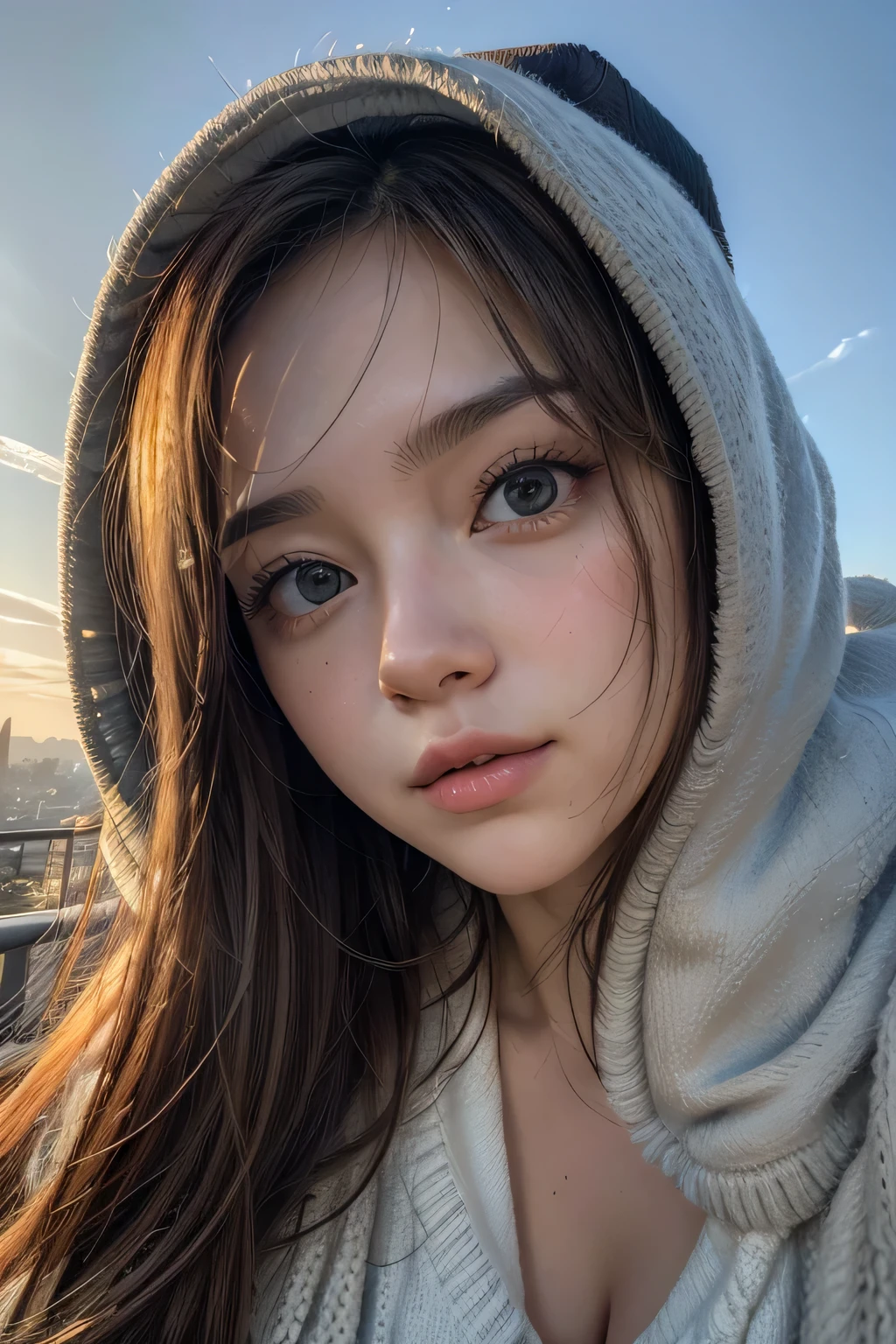 (photorrealistic, 8k, hyperdetailed, highest quallity, CRU), fashion shooting, portraite, close up, 1 girl, bonitas, cute face, mais bonitas do mundo, detailedeyes, long dark hair, large and drooping breasts, wearing gray hood, sports well:1.2, details Intricate, San Francisco Background, sun-kissed, bright sunny, SFW:1.5, bokeh, golden hour time, sunset, beautiful clouds,
