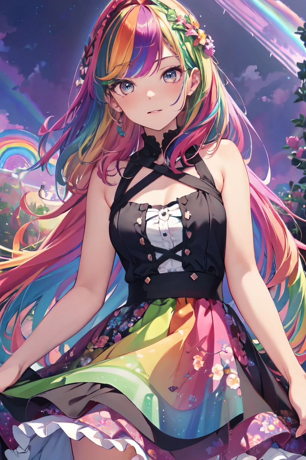 (In 8K, Highest quality, The pieces fly:1.2)、Ultra-high resolution,1 Female, 16 years old、Highly detailed face,Detailed eyes,Open your mouth,Laughter,((Rainbow Hair)),Asymmetrical bangs,Twin Blade,break,((Floral Dress)),Frilled Skirt,break,(Rainbow light:1.4)