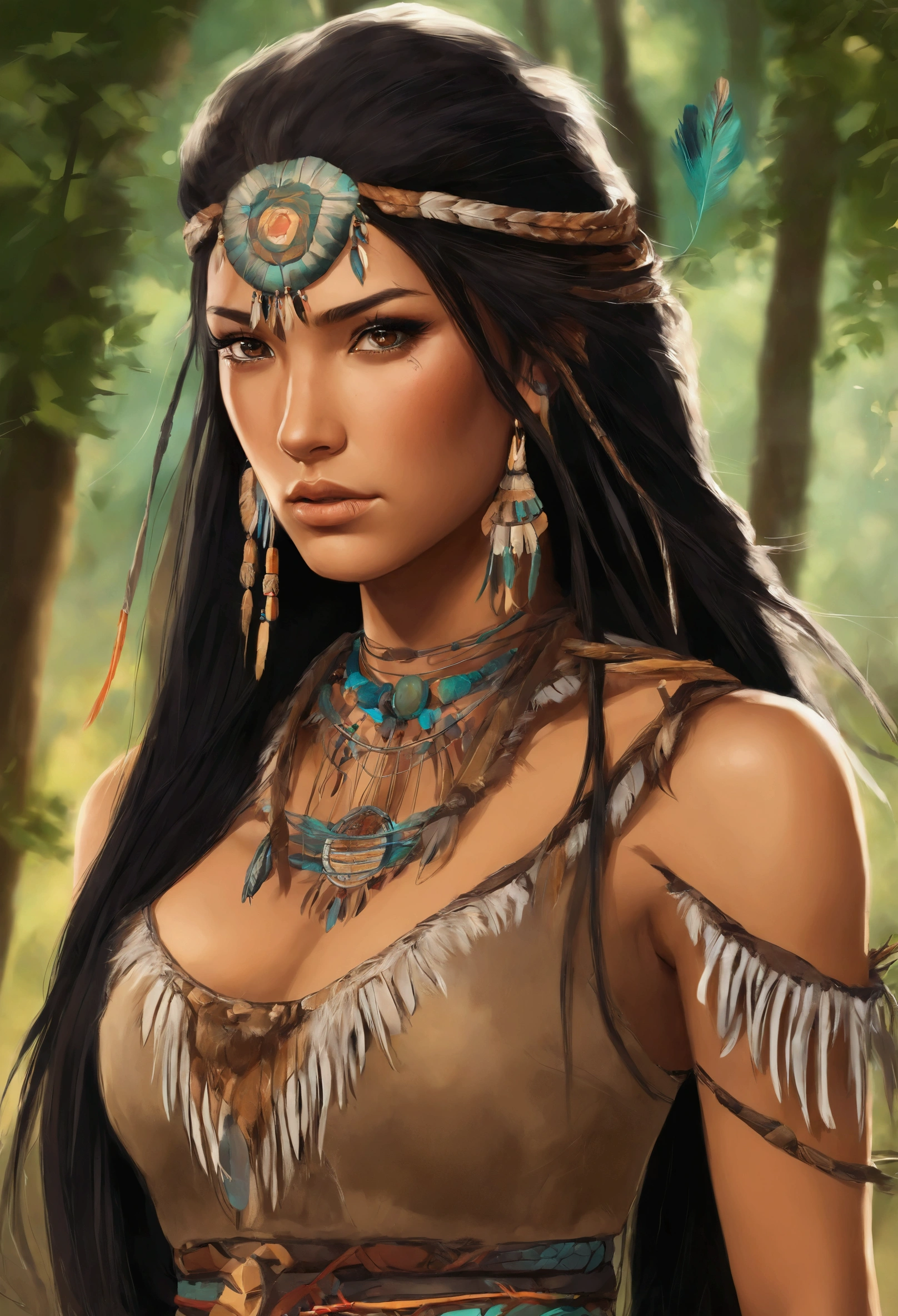 1 girl, native american, long black hair, full body twin braids, eyes browns, wearing buckskin mini dress, native american jewerly, very tanned skin, giorno, open plains, absurderes, high resolution, ultra-sharp, 8k, work of art, looking ahead at viewer, hair on the wind, Bust Big,