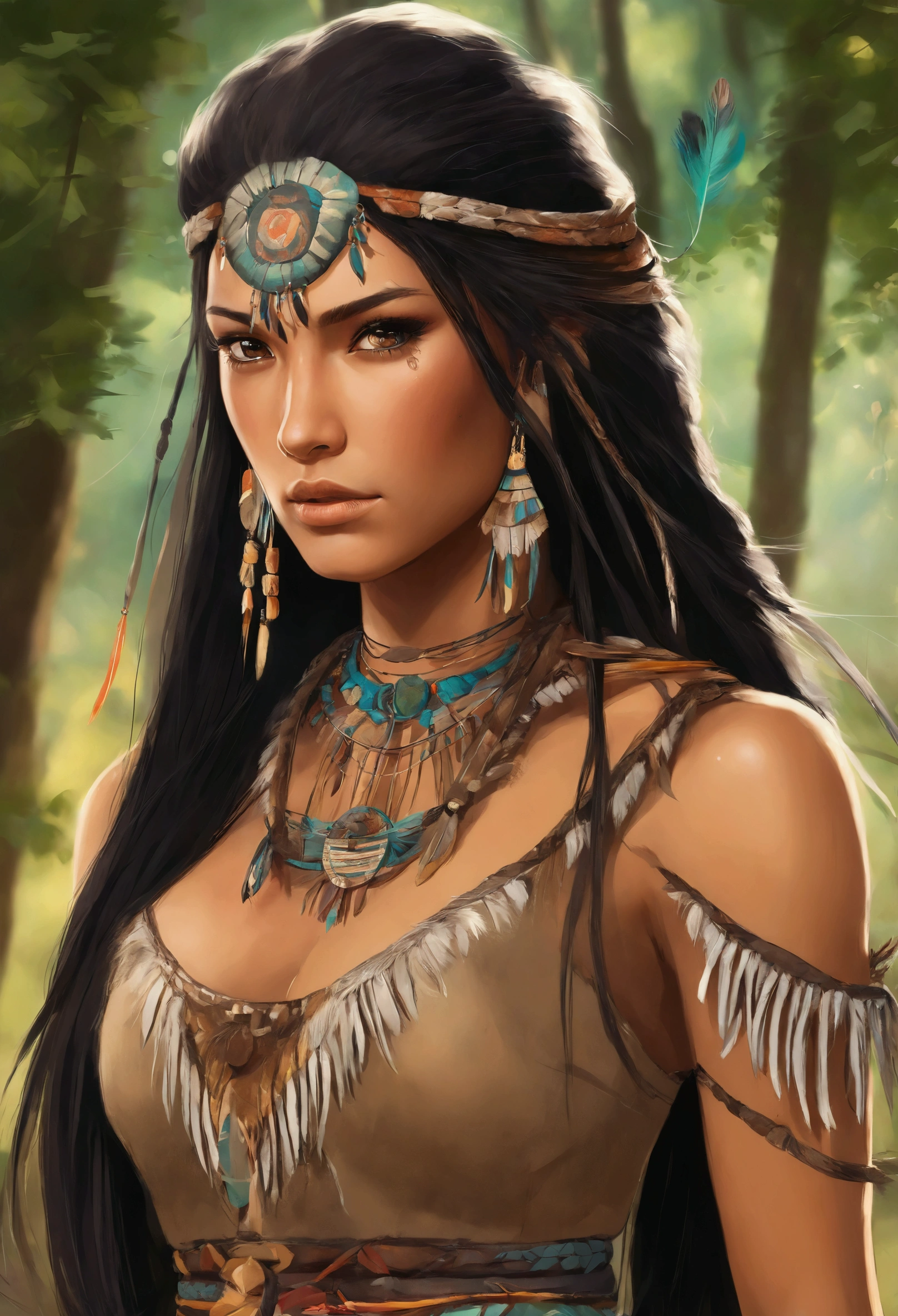 1 girl, native american, long black hair, full body twin braids, eyes browns, wearing buckskin mini dress, native american jewerly, very tanned skin, giorno, open plains, absurderes, high resolution, ultra-sharp, 8k, work of art, looking ahead at viewer, hair on the wind, Bust Big,