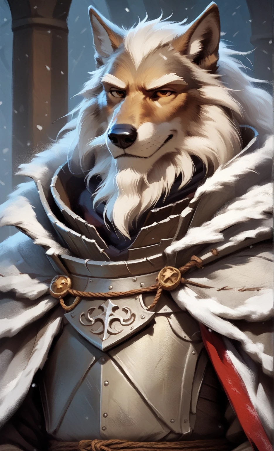 Solo, smug, friendly and stern looking anthropomorphic furry wolf medieval knight, he has dark grey and white fur, he has big white brows, he has long wizard furr beard, , he has long wizard furr beard, , he has long wizard furr beard, he is wearing heavy knight mesieval plate armor and a navy blue medieval worn out old cloak, he is holding a medieval sword, in blizzard, masterpiece digital painting, digital painting, 

