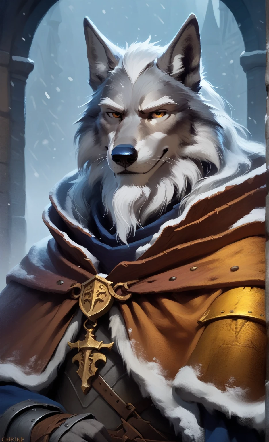Solo, smug, friendly and stern looking anthropomorphic furry wolf medieval knight, he has dark grey and white fur, he has big white brows, he has long wizard furr beard, , he has long wizard furr beard, , he has long wizard furr beard, he is wearing heavy knight mesieval plate armor and a navy blue medieval worn out old cloak, he is holding a medieval sword, in blizzard, masterpiece digital painting, digital painting,