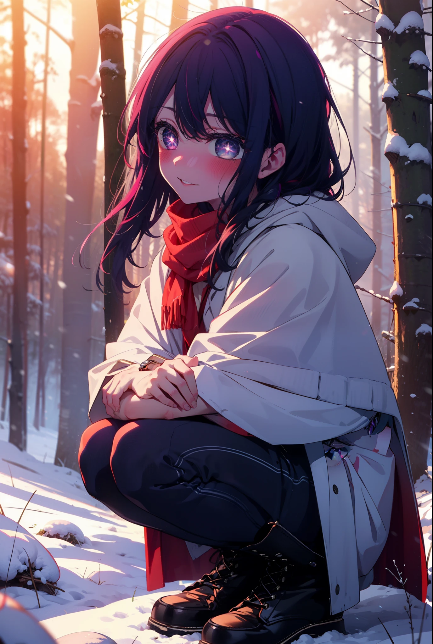 aihoshino, Ai Hoshino, Long Hair, bangs, (Purple eyes:1.1), Purple Hair, (Symbol-shaped pupil:1.5), smile,,smile,blush,white breath,
Open your mouth,snow,Ground bonfire, Outdoor, boots, snowing, From the side, wood, suitcase, Cape, Blurred, , forest, White handbag, nature, Squat, Mouth closed, Cape, winter, Written boundary depth, Black shoes, red Cape break looking at viewer, Upper Body, whole body, break Outdoor, forest, nature, break (masterpiece:1.2), Highest quality, High resolution, unity 8k wallpaper, (shape:0.8), (Beautiful and beautiful eyes:1.6), Highly detailed face, Perfect lighting, Highly detailed CG, (Perfect hands, Perfect Anatomy),