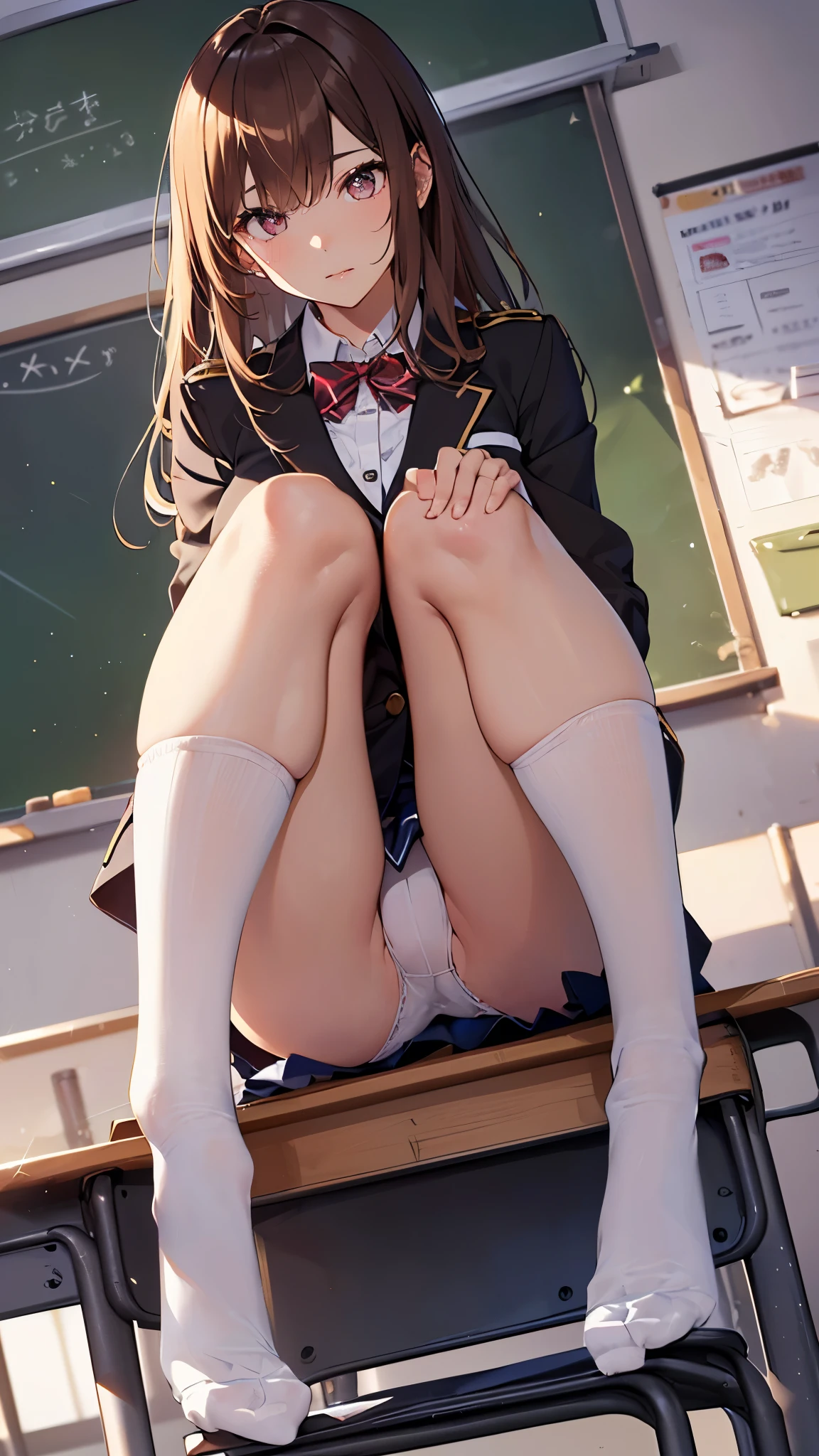 1girl,sitting,(((Spread your legs,Shooting from below)),legs up,(((Accentuate your butt、cameltoe))), whole body, Sharp focus,Glowing Skin,Sexy pose,(((Uniform Blazer、mini skirt,white panty,Pull up your own skirt)))、(((Big Breasts、Brown Hair)))、(((classroom,School)))、Stand upright , ((long blonde Hair)),sexy pose,Long hair,both hands,white socks,Beautiful legs,masterpiece,Noise Reduction,perfect anatomy,high resolution, ultra-detailed, ultra-detailed face,game cg,dutch angle ,beautiful detailed eyes,visualart,five fingers, perfect hands, perfect lighting, sparkling pupils,
