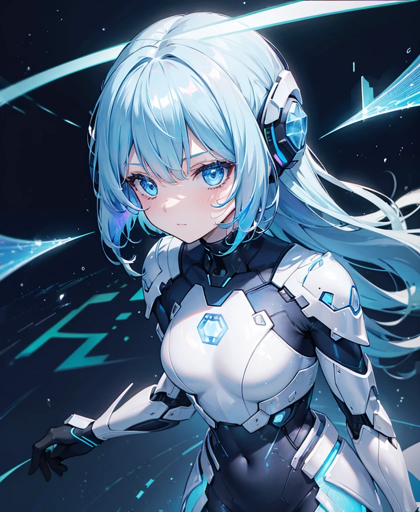 ((Holographic glow effect)),8k, Highest quality, (real:1.4), Original photo, 1 girl, Asari Hair, Biological Amplifier, refined armor, posture: Peace talks between warring factions, smart blue eyes,whole body