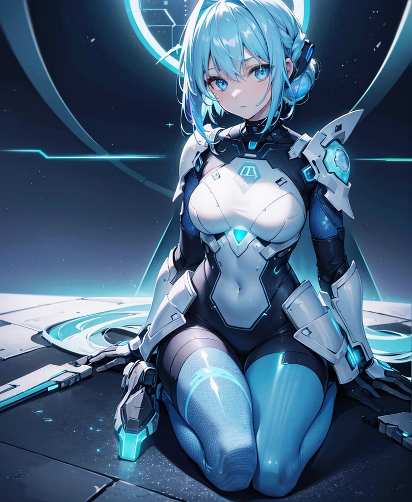 ((Holographic glow effect)),8k, Highest quality, (real:1.4), Original photo, 1 girl, Asari Hair, Biological Amplifier, refined armor, posture: Peace talks between warring factions, smart blue eyes,whole body