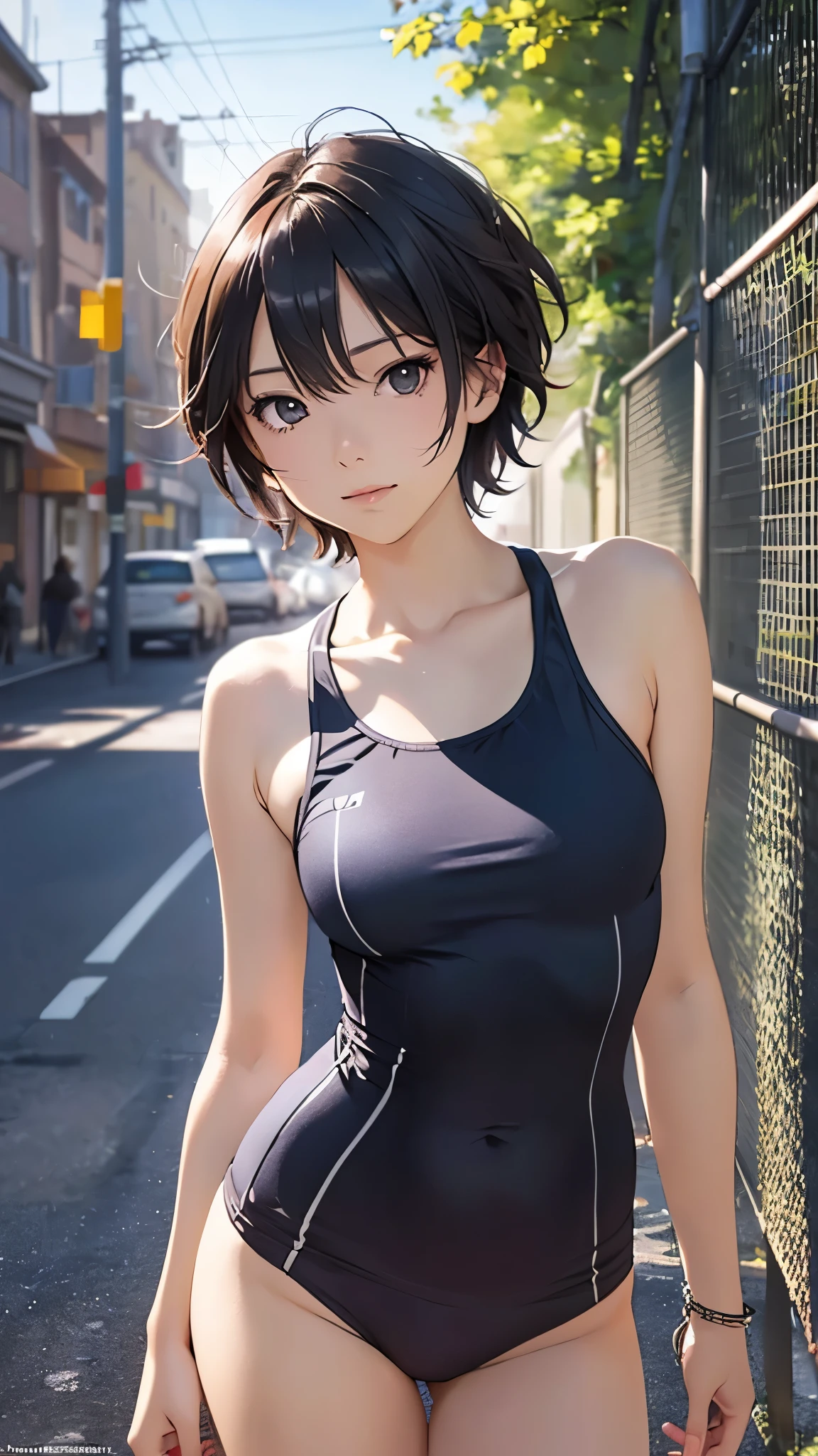 A girl, very short hair, Front View, Composition from head to thigh, slender, flat chest, One-person viewpoint, pale skin, track team, black hair, pixie hairstyle