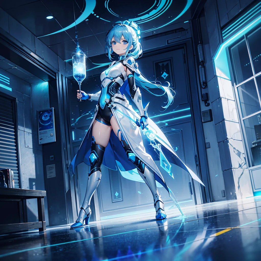8k, Highest quality, (real:1.4), Original photo, 1 girl, Asari Hair, Biological Amplifier, Very sleek and futuristic armor, posture: Peace talks between warring factions,,attention arousal, smart blue eyes,A modest smile,Knee-high boots,Patent-look blue tights,Blue big moon and blue light swirl in the background,Blue light from behind,blue light magic,A small, glowing blue ball in the palm of your hand,Blue flame swirl,Blue Comet,Polished floor,