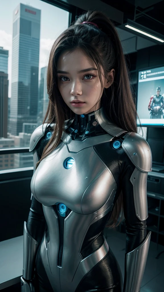 Android woman, half woman half robot, futuristc city