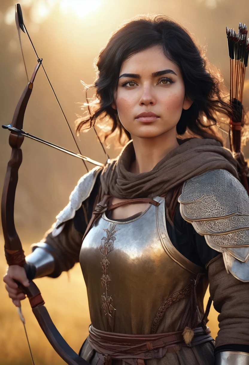 1 woman, with a sunrise sky landscape in the background, wearing a simple medieval archer's outfit, detailed facial features, dark female monolid eyes, detailed brown skin, very straight short black hair,, dramatic lighting, cinematic composition, warm palette, sunlight, warm colored features, soft atmospheric haze, thin chin, soft face, beautiful woman (best quality, 4K, 8K, high resolution, art: 1.2), ultra detailed (realistic, photorealistic, photorealistic: 1.37)