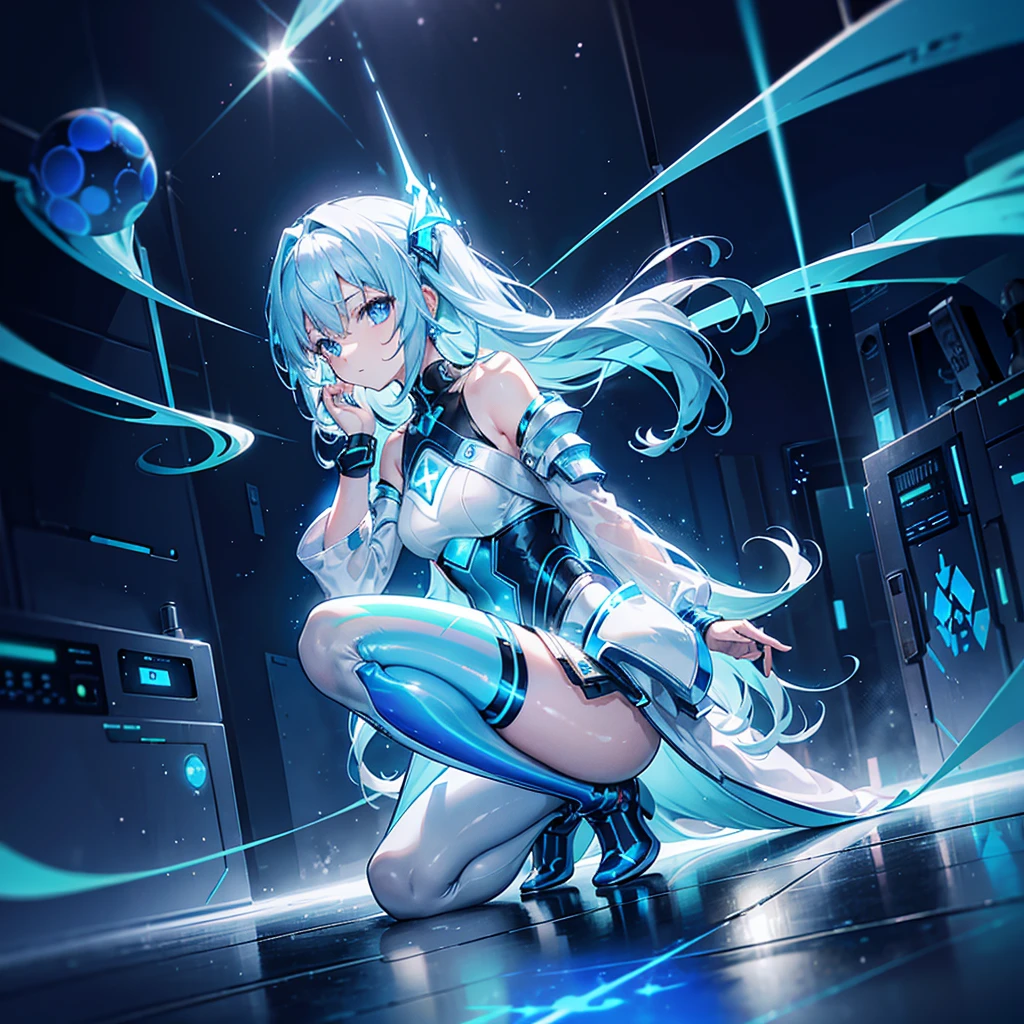 ((Holographic glow effect)),8k, Highest quality, (real:1.4), Original photo, 1 girl, Asari Hair, Biological Amplifier, Very sleek and futuristic armor, posture: Peace talks between warring factions,,attention arousal, smart blue eyes,A modest smile,Knee-high boots,Patent-look blue tights,Blue big moon and blue light swirl in the background,Blue light from behind,blue light magic,A small, glowing blue ball in the palm of your hand,Blue flame swirl,Blue Comet,Polished floor,