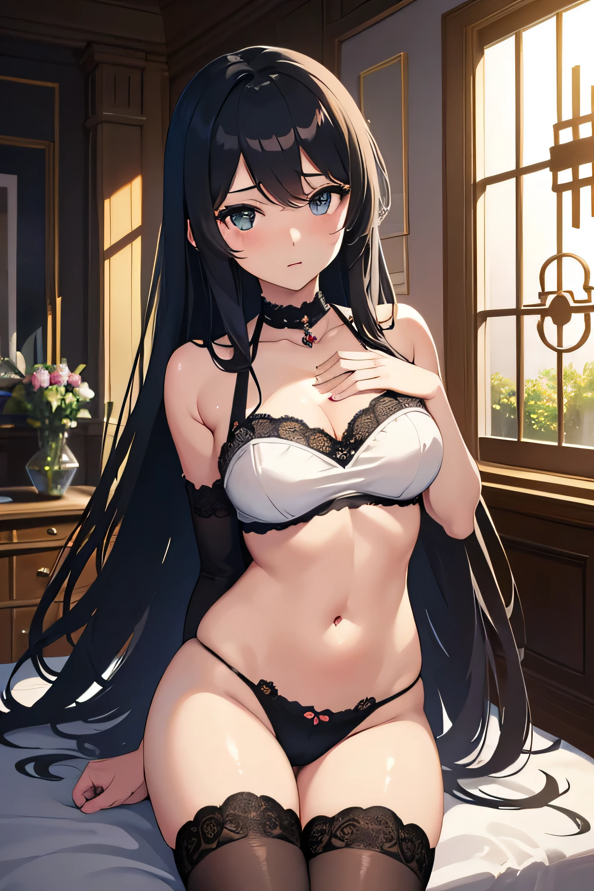 high definition, detailed, shiny, dark skin , gorgeous Innocent girl with thigh-high stockings and a . The innocent girl is blushing in a innocent and flustered way. big room with furniture and fire place.
2. Create an Anime style piece inspired by with fine lines and high detail.
3.Using Ai generated algorithm to create a luminescent background of a cluttered bedroom thats in a realistic setting.
4. Redifine the full Image to look hyper realistic with sharp lines and high resolution.
5. Redifine the Image using Ai algorithm to make the image photo have beautiful dark to light detail