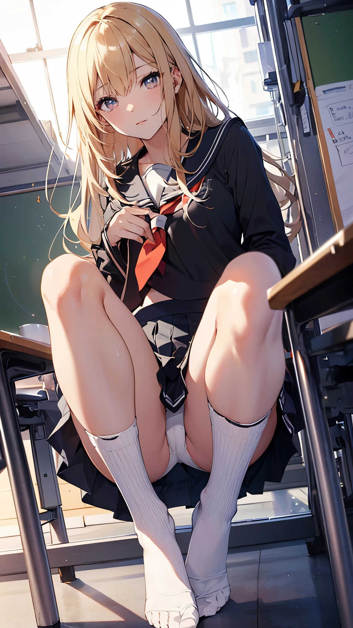 1girl,sitting,(Spread your legs,Shooting from below:1.3),(Accentuate your butt,cameltoe:1.3), whole body, Sharp focus,Glowing Skin,Sexy pose,(((serafuku,mini skirt,white panty,Pull up your own skirt))),large Breasts,(classroom,School)、Stand upright , ((long blonde Hair)),sexy pose,Long hair,white socks,Beautiful legs,masterpiece,Noise Reduction,perfect anatomy,high resolution, ultra-detailed, ultra-detailed face,game cg,dutch angle ,beautiful detailed eyes,visualart,five fingers, perfect hands, perfect lighting, sparkling pupils,