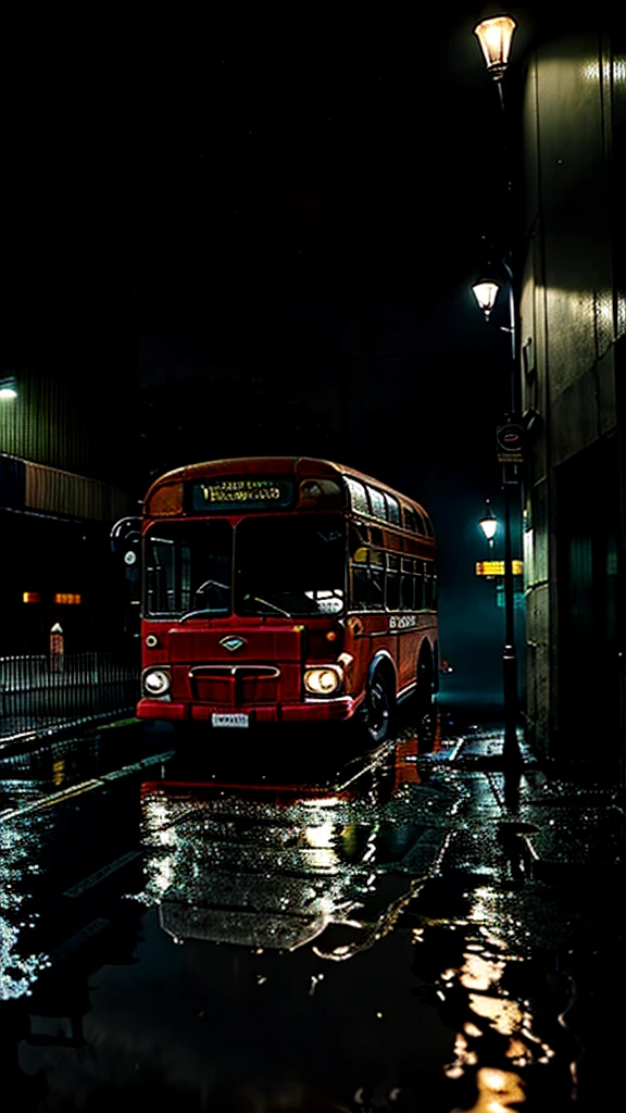 A vintage bus numbered 375 on a rainy night in Rio de Janeiro. The street is dimly lit, with reflections of streetlights in the puddles. The bus's headlights pierce through the mist, creating an eerie and mysterious atmosphere. The scene captures the essence of the 1960s, with the surrounding environment appearing dark and shadowy.