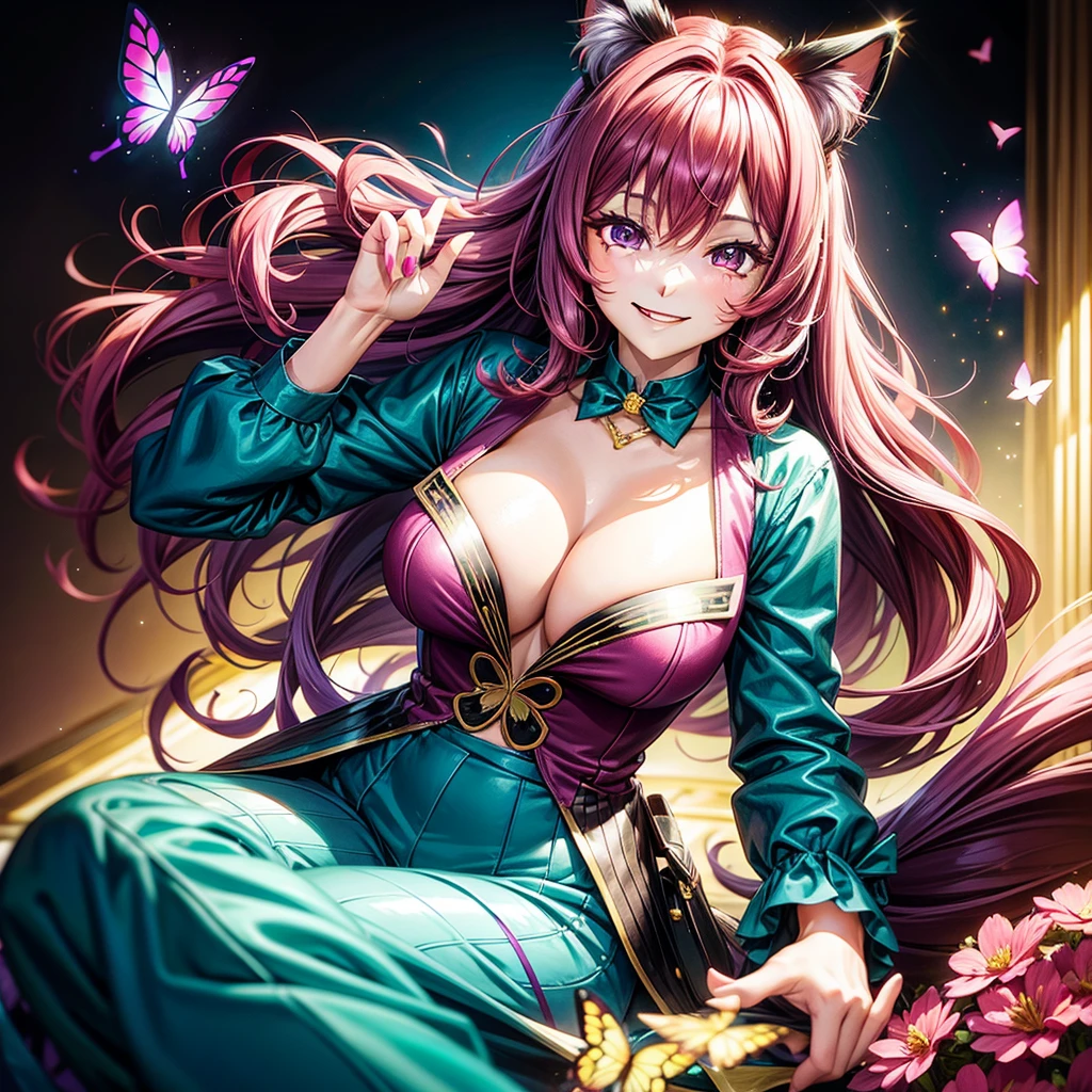 Magenta hair, brown eyes, older woman, hair bows, cat ears, long hair, smiling face, sexy outfit, butterflies, teal and gold outfit, butterfly background, uniform open chest top