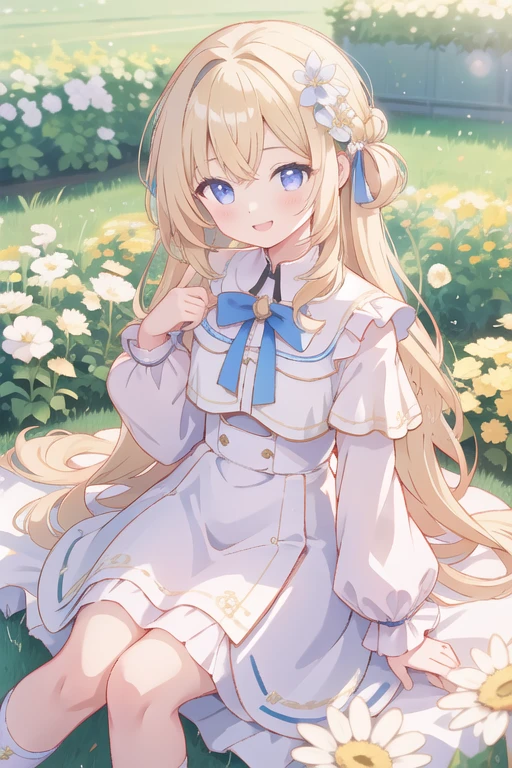 One Girl、About 、A girl who still looks young、Long wavy blonde hair、White Dress、Sitting in a flower field、smile