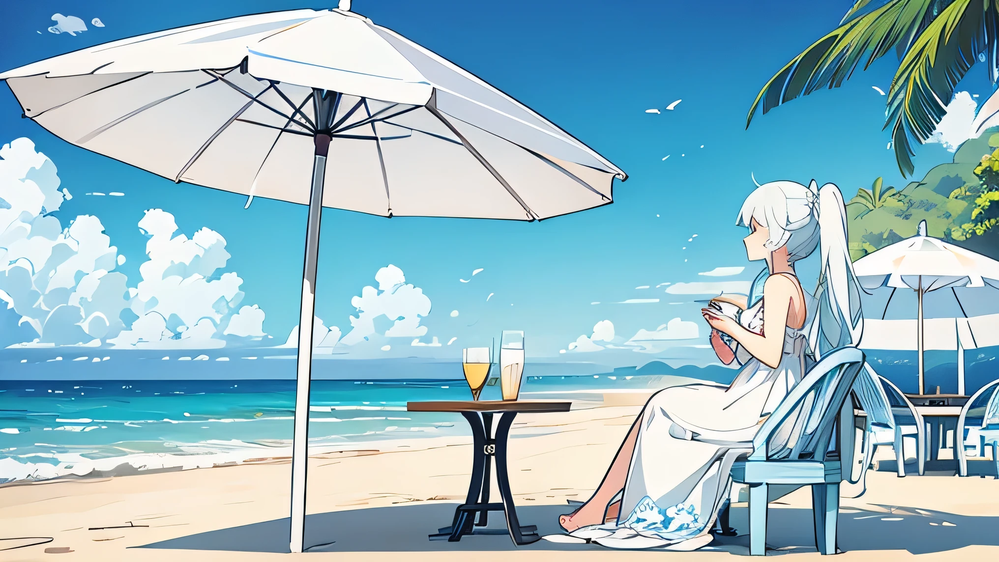 Seaside, blue eyes, ponytail, White dress, Cafe, Profile, Beach,Beach parasol, Relax