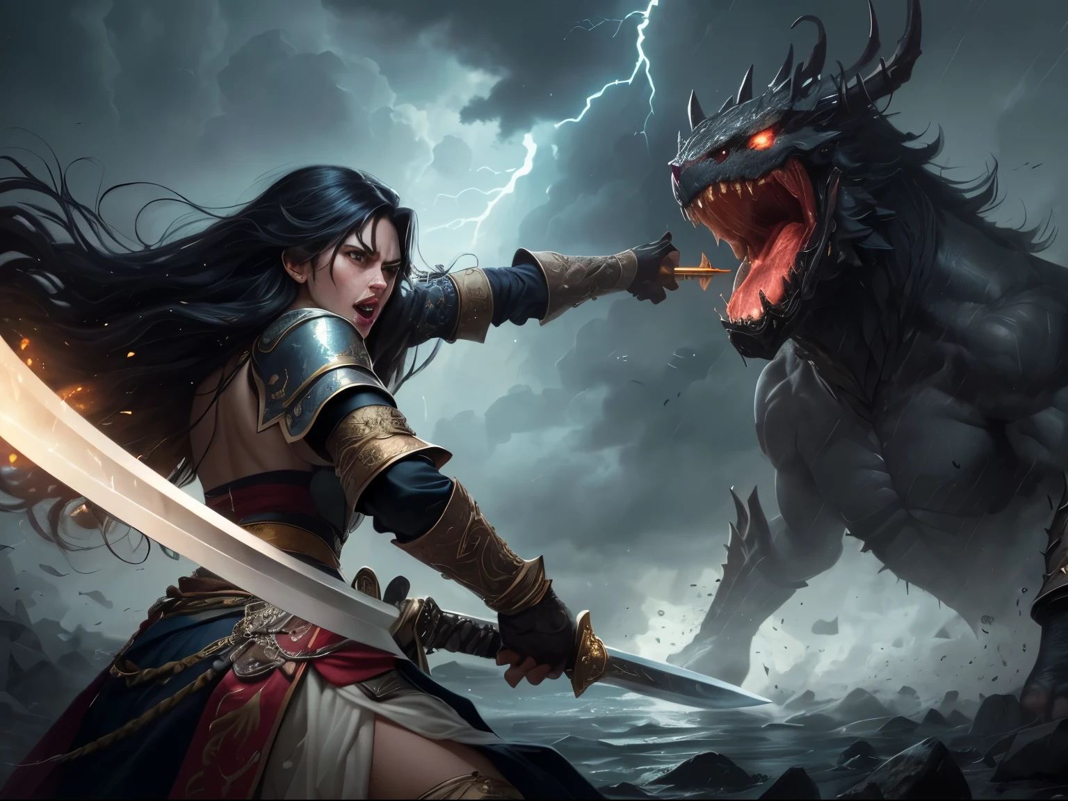 ((best quality)), ((masterpiece)), (detailed), A digital illustration of a furious queen fighting off crowd of monsters with a sword in a desert stormy setting. The woman has long black hair and is wearing a full traditional queen war attire.