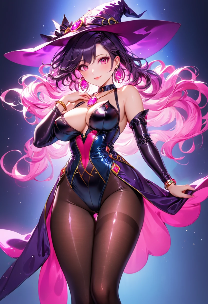 1 mature beautiful woman,(Highest quality,Extremely detailed depiction,Incredibly absurd high resolution,Anatomically accurate depiction,Curvy Legs),(Glowing Skin,Shiny skin),(Bewitching witch),(Sexy witch costume,High gloss latex,Black Pantyhose,Luxury accessories,Earrings,necklace,Bracelet),eyelash,(Pink Eyes,Half-closed eyes:1.3,Crazy Eyes,There is cleavage in the chest,Wicked Smile,Glossy lipstick,Flashy makeup,eye shadow,eyeliner,mascara,Seductive gestures),whole body