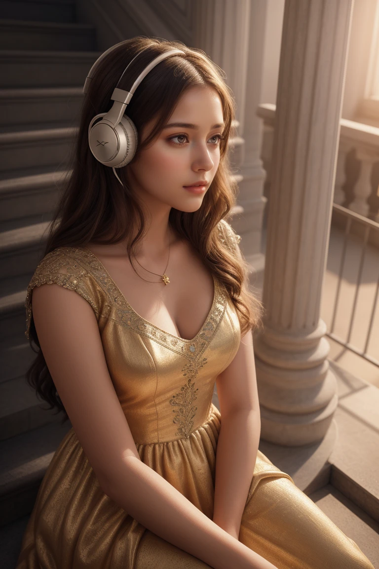 a beautiful girl listening to music with headphones on her ears on the stairs under an angel statue, detailed face, detailed eyes, detailed lips, beautiful dress, sunlight, high quality, digital art, photorealistic, 8k, hyperdetailed, intricate details, dramatic lighting, warm color tones, cinematic, magical