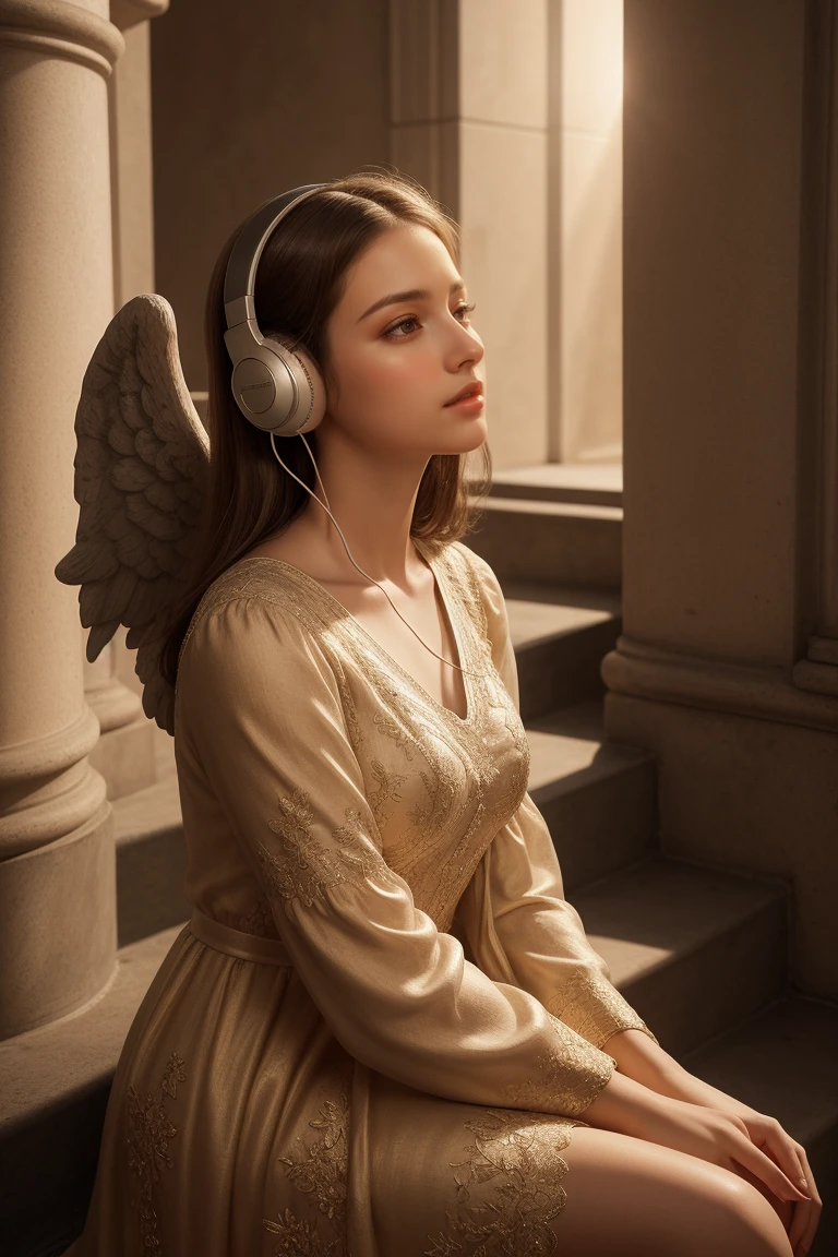 a beautiful girl listening to music with headphones on her ears on the stairs under an angel statue, detailed face, detailed eyes, detailed lips, beautiful dress, sunlight, high quality, digital art, photorealistic, 8k, hyperdetailed, intricate details, dramatic lighting, warm color tones, cinematic, magical