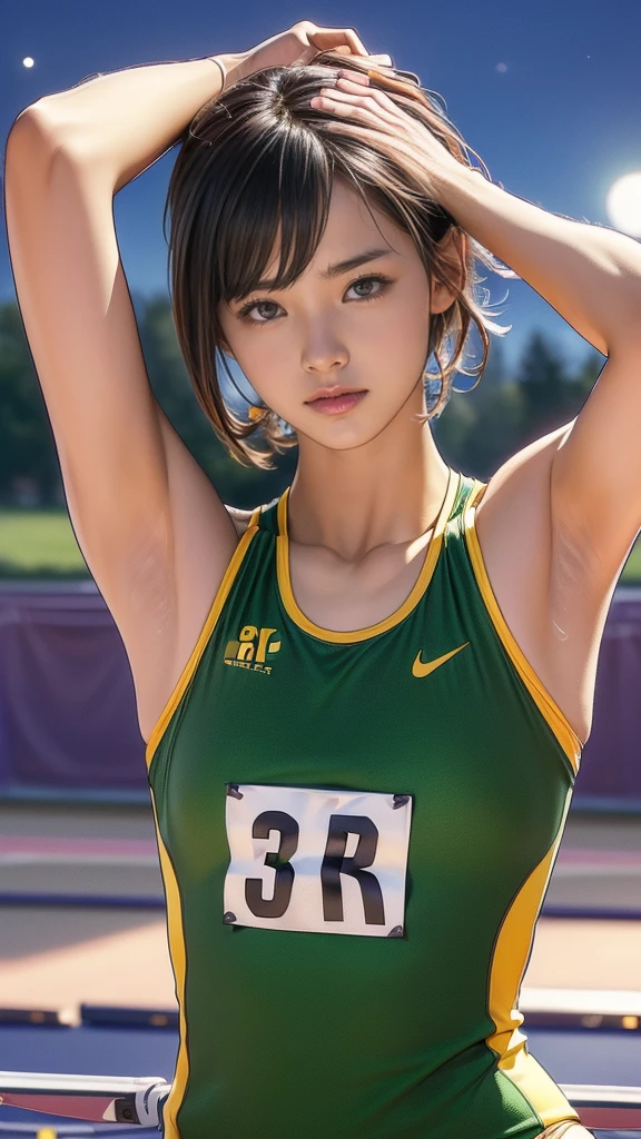 (13-year-old girl:1.5, Very slim:1.4, Very Short Hair), (Tabletop:1.3), (8k, Realistic, RAW Photos, Highest quality: 1.4), Beautiful Face, (Shortcuts:1.3), Realistic eyes, Beautiful Eyes, (Real Skin), Beautiful Skin, 超High resolution, Ultra-realistic, High resolution, (夜のAthletics場, Track and Field:1.5), Athletics, (Show me your armpits:1.4), (Put your hands behind your head:1.2)