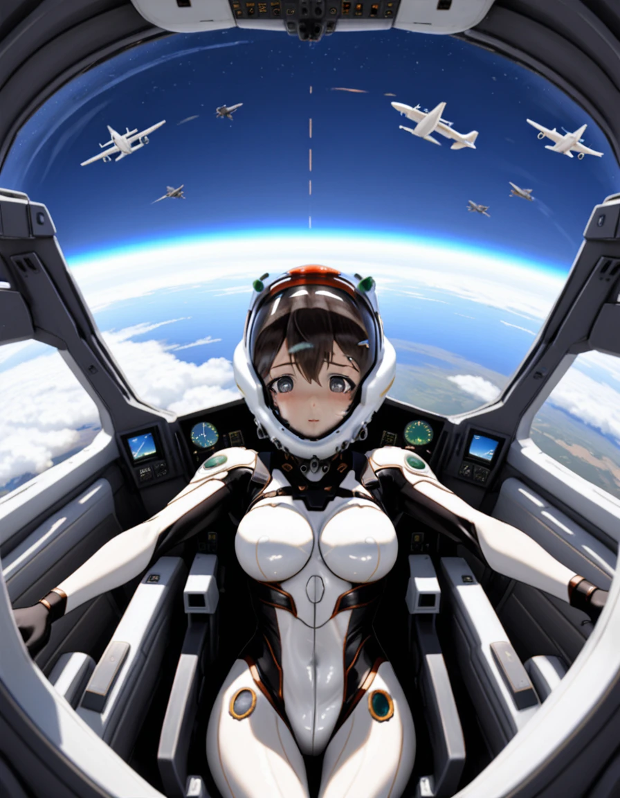 ((Female pilot in the cockpit of a reconnaissance plane), (airplane cockpit), (in flight), (10000 feet altitude)、(sky view):1.7),, short hair, street, emo, BLACK hair, white eyes, eyeliner, apocalypse, girl, nside the (cockpit:1.9) of a (futuristic spaceship:1.6), , blush,sitting on a chair, covered navel, space helmet, muvluv, space helm, plug suit , space helmet, eva helm, space suit, short hair,
(space helmet:1.7)