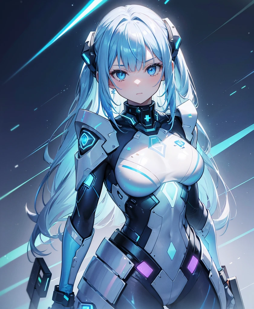 ((Holographic glow effect)),8k, Highest quality, (real:1.4), Original photo, 1 girl, Asari Hair, Biological Amplifier, refined armor, posture: Peace talks between warring factions, smart blue eyes,whole body