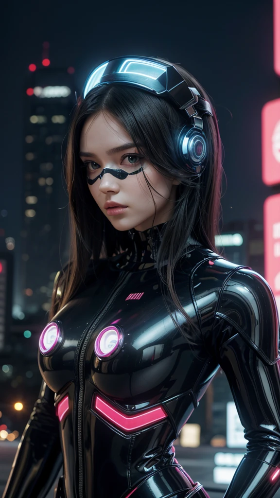Android Woman, half woman half robot, futuristc city, futuristic skull mask