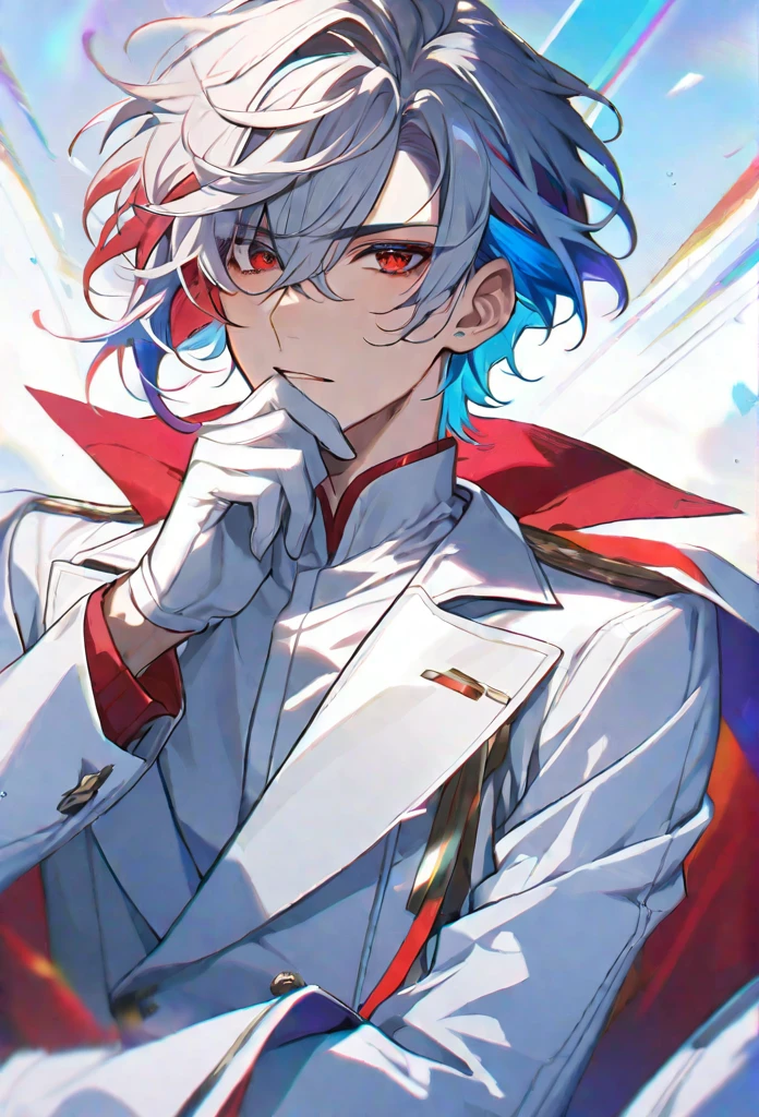 solo, handsome, 1 male, short hair, rainbow color hair, red eyes, white coat, white gloves