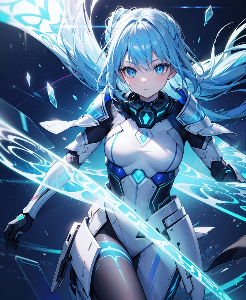 ((Holographic glow effect)),8k, Highest quality, (real:1.4), Original photo, 1 girl, Asari Hair, Biological Amplifier, refined armor, posture: Peace talks between warring factions, smart blue eyes,whole body