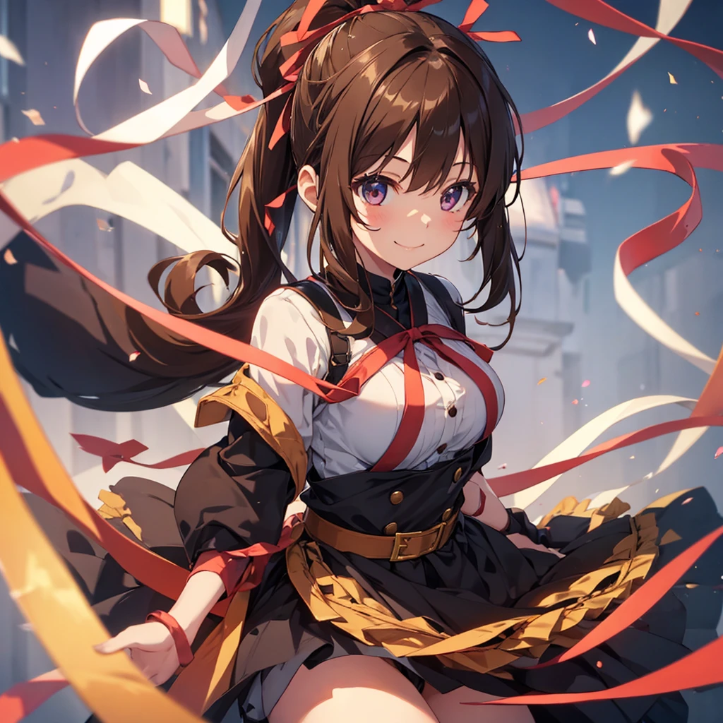 One girl, Brown Hair, ponytail, Large Breasts, smile, ribbon hair accessories, Anime Style,