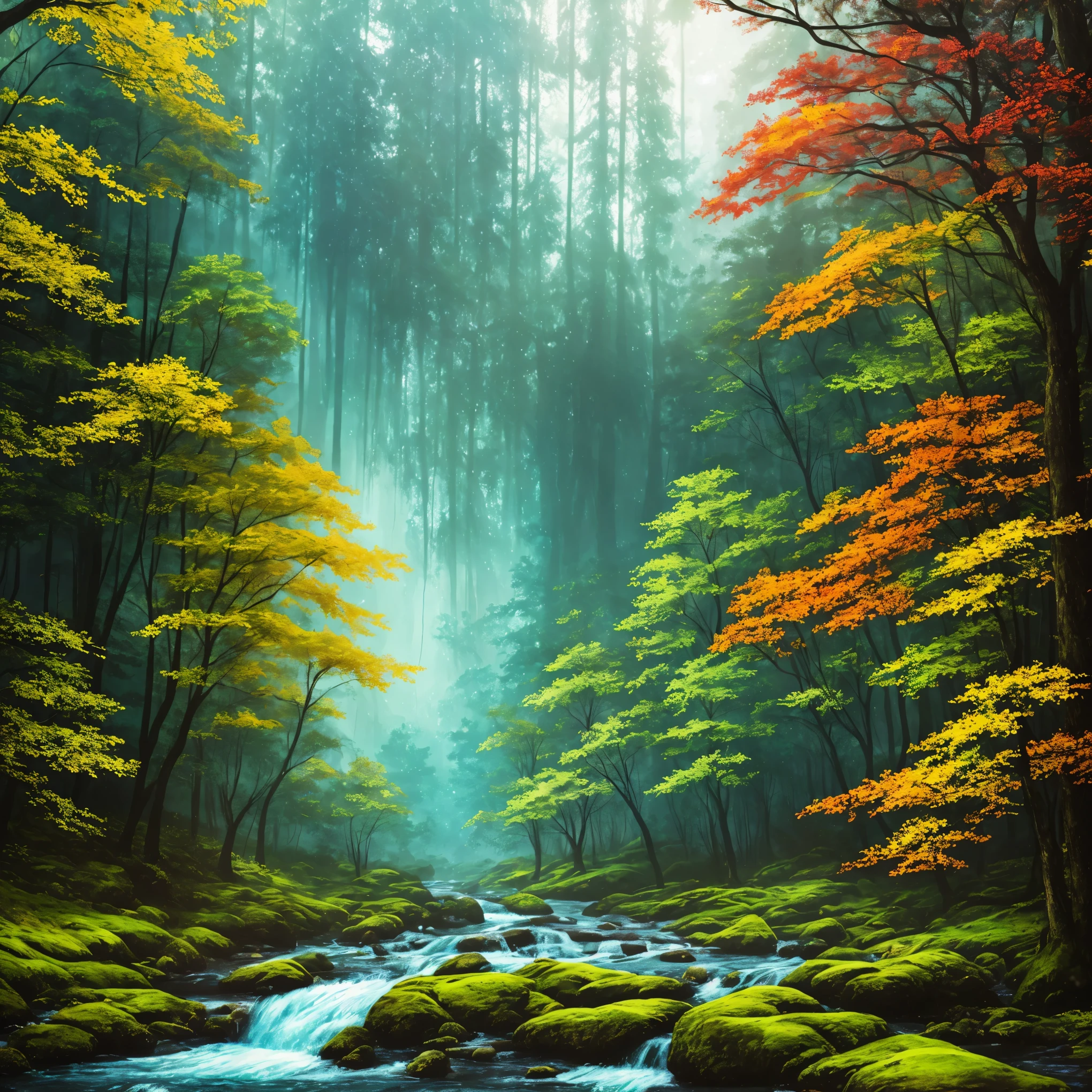 a forest with a stream and trees in the middle, magical environment, magical forest in the background, magical forest, glowing forest, magical colours and atmosphere, mystical forest, magical colors and atmosphere, magical clearing, magical fantasy forest, beautiful forest, forest light, really beautiful forest, forest ray light, magic forest, extremely beautiful and ethereal, enchanted and magic forest