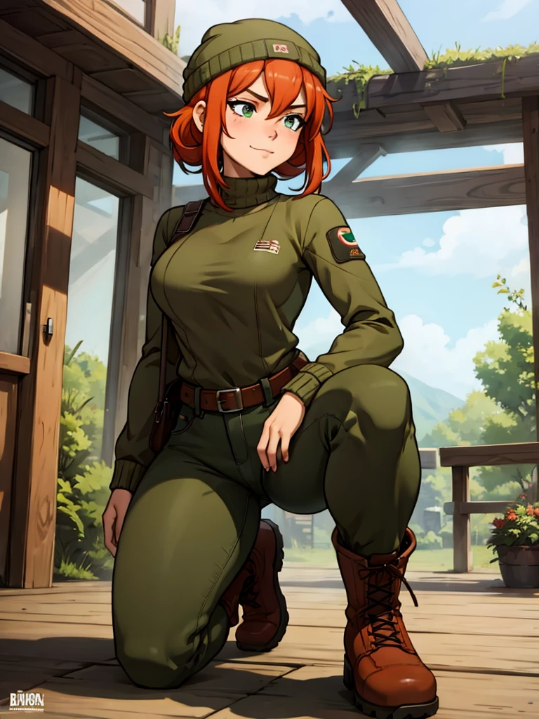 sancy anthro bandicoot girl,redhead,braided hair,beautiful detailed green eyes,sexy,seductive,warm sweater,beanie-balaclava,camouflage pants,army boots,cozy,dirty,military,wood,anime furry style