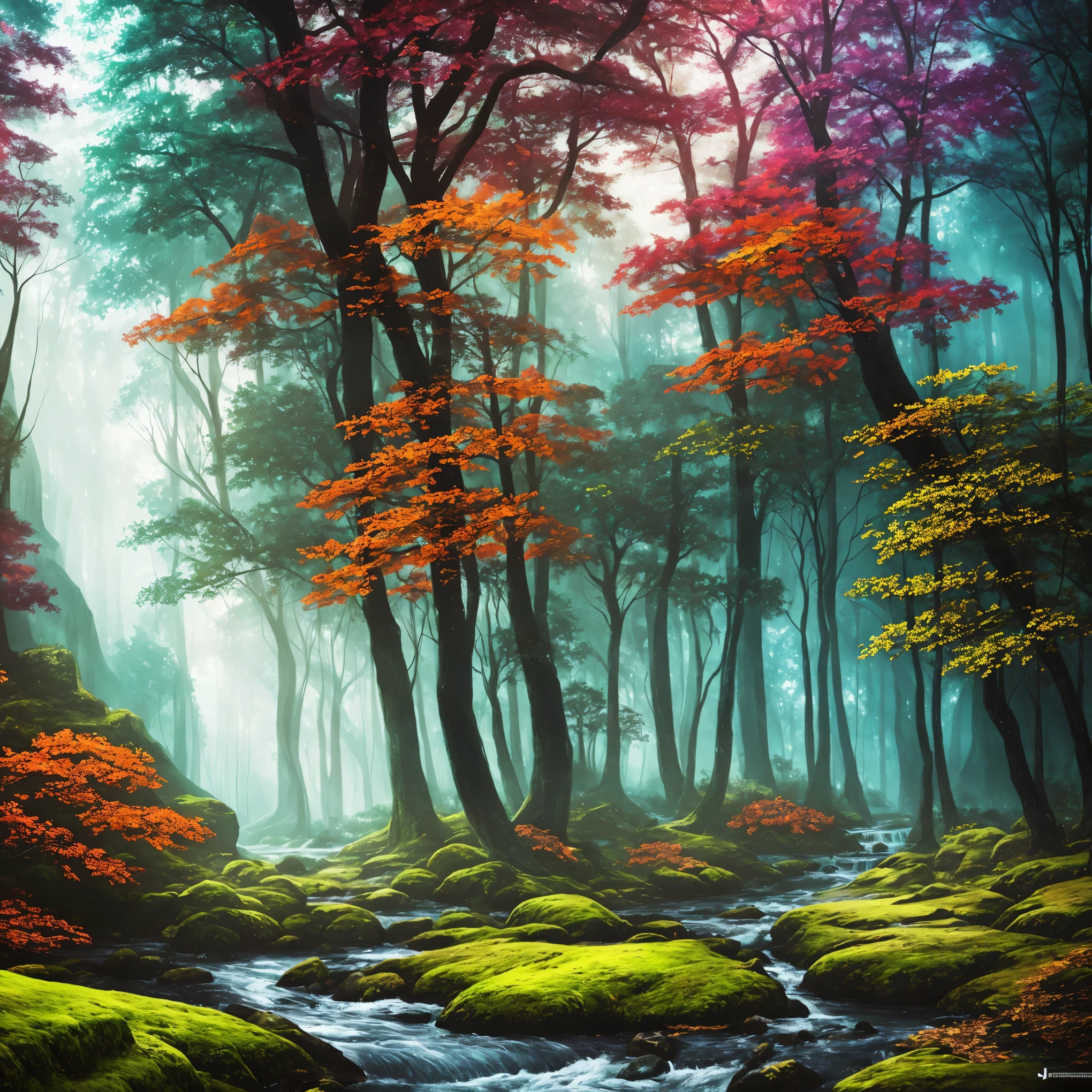 a forest with a stream and trees in the middle, magical environment, magical forest in the background, magical forest, glowing forest, magical colours and atmosphere, mystical forest, magical colors and atmosphere, magical clearing, magical fantasy forest, beautiful forest, forest light, really beautiful forest, forest ray light, magic forest, extremely beautiful and ethereal, enchanted and magic forest