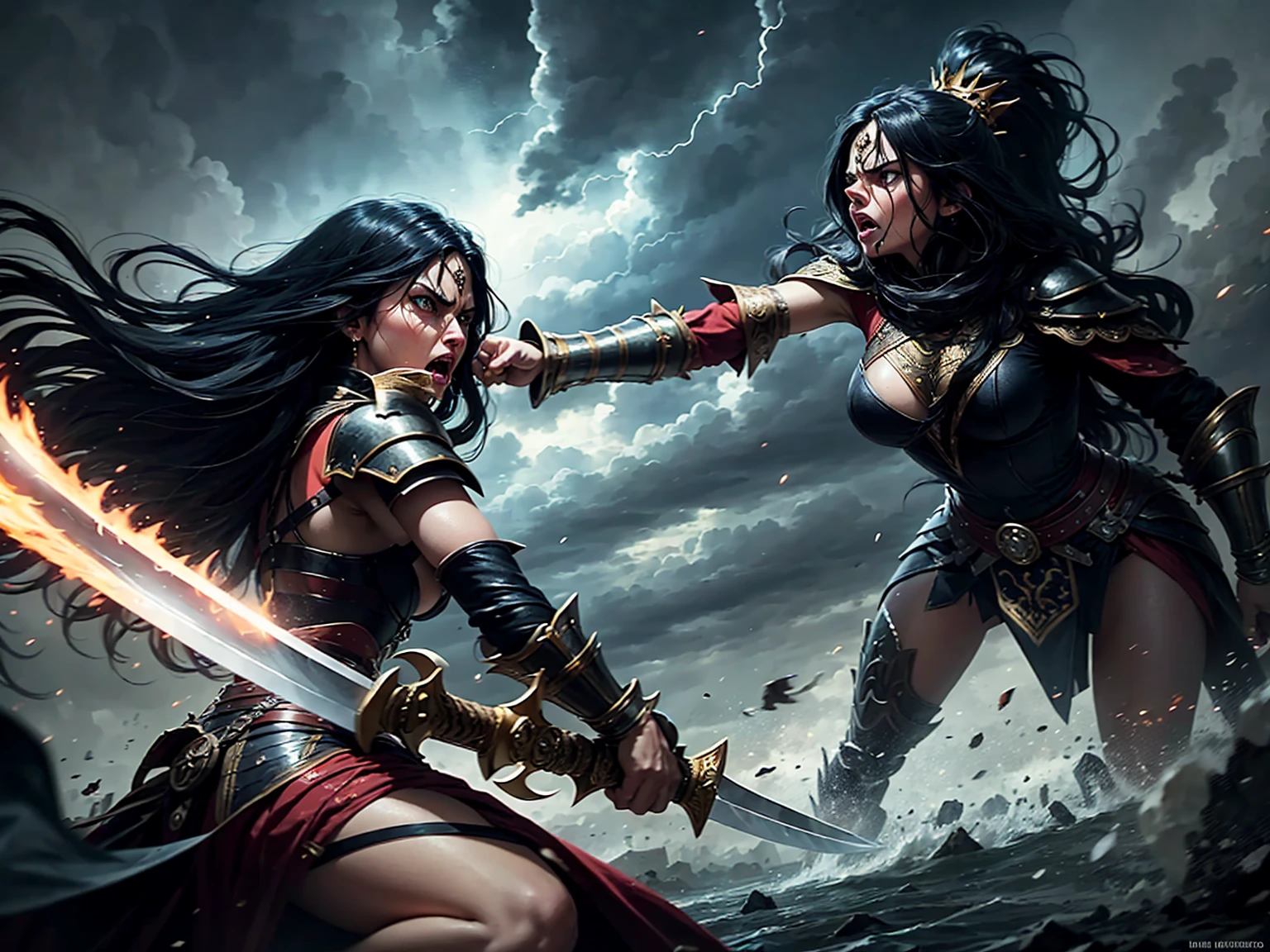 ((best quality)), ((masterpiece)), (detailed), A digital illustration of a furious and angry queen with long black hair holding a sword and fighting off monsters in a stormy background. The women is wearing a queen traditional war attire