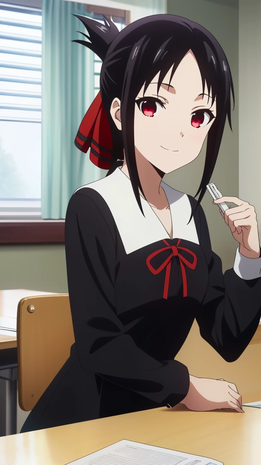 (best quality, masterpiece, 8k:1.2), anime, detailed,
Shinomiya Kaguya,1girl, solo, (black hair:1.2), side Lock, red eyes, short hair, folded ponytail, red hair ribbon, eye light, small medium breasts, (dress, black dress,long sleeve, Shuchiin Academy, half-smile, Room, Student Council Room),
Definition CG Unity, Perfect lit, bright_front_face_lit,Super detailed, photograph, 8K, nffsw, High resolution, (absurd:1.2), kodak portrait 400, film grain, Lens flare, (lively_color:1.2),
looking at the viewer, ( upper body:1.2), dynamic angle, 