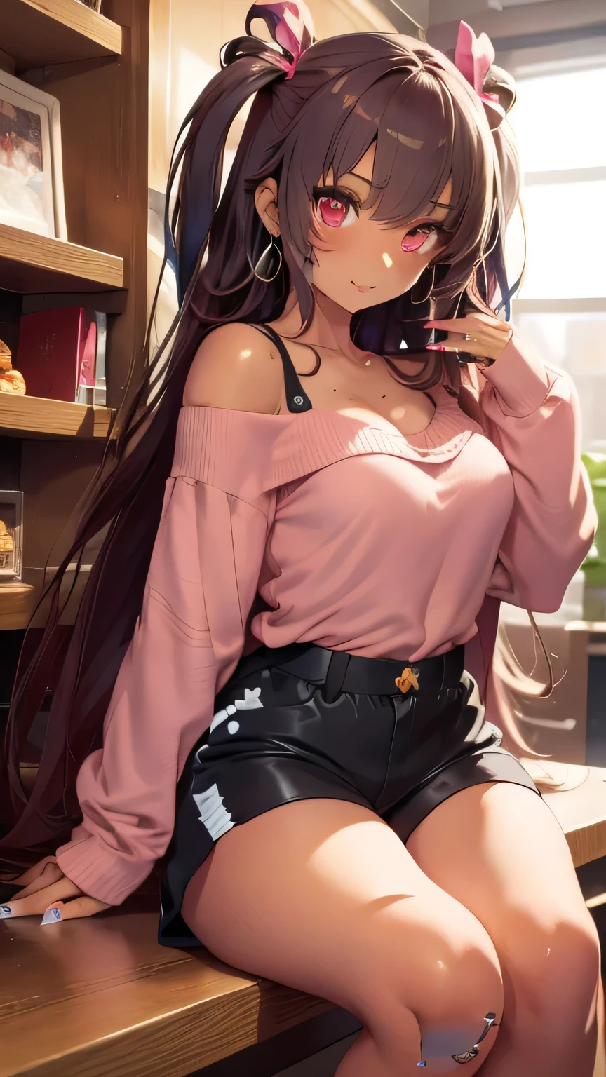1girls ai_generated ass bangs bare_legs bare_shoulders barefoot black_shorts blonde_hair blush breasts closed_mouth clothing cloverworks dark-skinned_female dark_skin ear_piercing earrings english_text feet female female_only fusion fusion_character girl_only gradient_hair gyaru hair_between_eyes indoors jewelry jousneystudio kitagawa_marin kneepits large_breasts legs legs_up long_hair long_sleeves looking_at_viewer lying multicolored_hair nail_polish off-shoulder_sweater off_shoulder original piercing pink_hair pink_nails red_eyes red_sweater shirt short_shorts shorts sitting soles solo sono_bisque_doll_wa_koi_wo_suru spread_legs spy_x_family sweater tanlines thighs toes yor_briar yor_forger