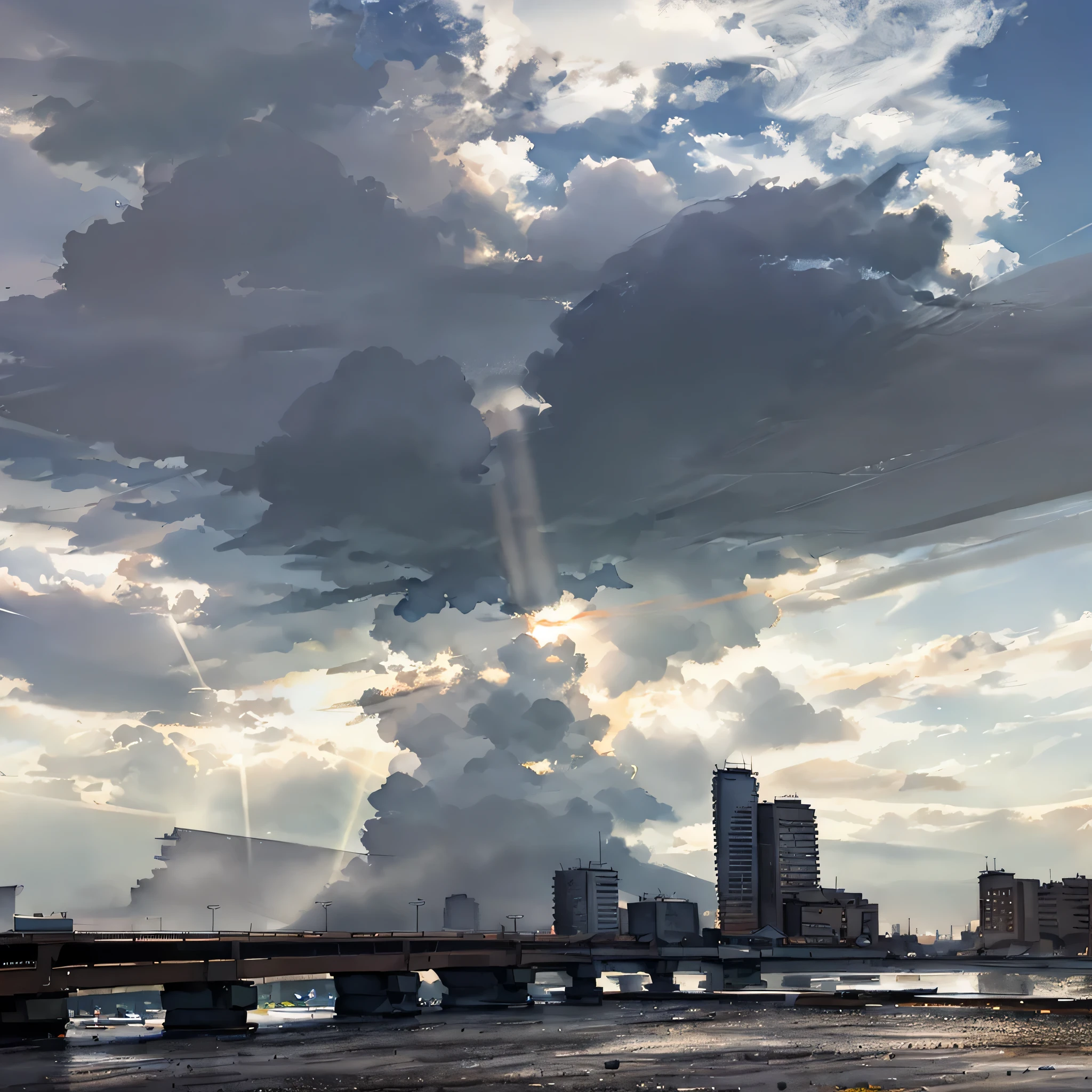 araffes are flying over a bridge with a city in the background, with dramatic sky, with backdrop of god rays, some sunlight ray, looming over a city, sun and shadow over a city, shot with iphone 1 0, cloudy weather, glistening clouds in background, cloudy day, light and clouds, some rays of light, taken with sony alpha 9, (Masterpiece), (best detail), (Best quality), (((aquarelle))), Watercolor background, cheerfulness, Young and good-looking, (Vintage background)